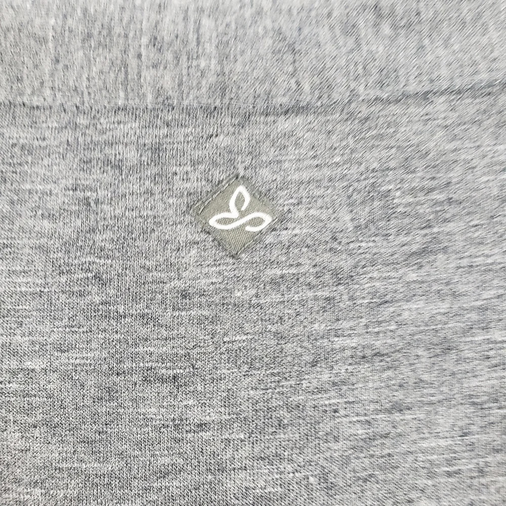 PRANA Ashlyn heather grey mixed media tab sleeve split 'V' neck hi low blouse - Picture 12 of 12